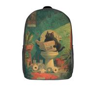 POLIUAWS Sac à dos imprimé en 3D avec un chat noir lisant le journal aux toilettes. Sac à dos enfant mignon et imperméable, style décontracté et tendance, 43 cm (17 pouces).