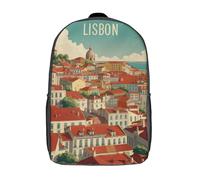 POLIUAWS Sac à dos imprimé en 3D avec vue sur la skyline de Lisbonne, idéal pour l'école primaire et le collège (17 pouces).