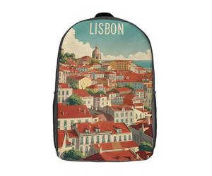 POLIUAWS Sac à dos imprimé en 3D avec vue sur la skyline de Lisbonne, idéal pour l'école primaire et le collège (17 pouces).