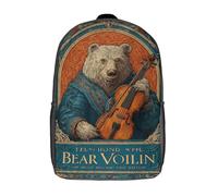 POLIUAWS Sac à dos scolaire enfant imprimé en 3D avec motif ours et violon, style décontracté et tendance, grande capacité, idéal pour les voyages et les livres (17 pouces).