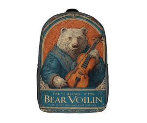 POLIUAWS Sac à dos scolaire enfant imprimé en 3D avec motif ours et violon, style décontracté et tendance, grande capacité, idéal pour les voyages et les livres (17 pouces).