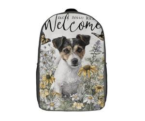 POLIUAWS Sac à dos scolaire enfant Jack Russell « Bienvenue », sac à dos scolaire tendance et décontracté, sac de voyage imprimé en 3D, sac à livres amusant et original de 43 cm (17 pouces).