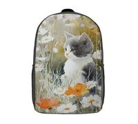 POLIUAWS Sac à dos scolaire imprimé en 3D avec chaton dans des fleurs, style décontracté et tendance, idéal pour les garçons du primaire et du collège (17 pouces).