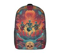 POLIUAWS Sac à dos scolaire imprimé en 3D avec des squelettes jouant de la guitare - Modèle tendance pour enfants, idéal pour les élèves du primaire et du collège (43 cm).