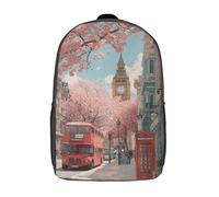 POLIUAWS Sac à dos scolaire imprimé en 3D avec motif de cerisiers en fleurs à Londres, idéal pour les enfants (garçons et filles). Sac à dos de voyage de 43 cm (17 pouces).