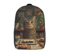 POLIUAWS Sac à dos scolaire imprimé en 3D avec un chat curieux et des sushis, style décontracté et tendance, pour garçons, élèves du primaire et du collège, 43 cm (17 pouces).