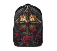 POLIUAWS Sac à dos scolaire imprimé en 3D Dark Rose Cross Art pour enfants, idéal pour les élèves du primaire et du collège (17 pouces).