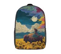POLIUAWS Sac à dos scolaire imprimé en 3D pour enfants, motif Bison Moonlit Journey, grande capacité, idéal pour les voyages, les études et les adultes (17 pouces).
