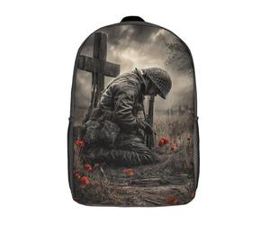 POLIUAWS Sac à dos scolaire imprimé en 3D « Prière du soldat sous la pluie » pour enfants, style décontracté et tendance, idéal pour les voyages et l'école (43 cm).