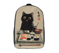 POLIUAWS Sac à dos scolaire imprimé en 3D représentant un festin de sushis japonais avec un chat - Sac à dos tendance pour enfants - Grande capacité - 43 cm (17 pouces)