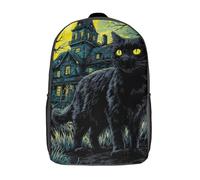 POLIUAWS Sac à dos scolaire imprimé en 3D représentant une maison hantée au clair de lune avec un chat noir. Sac à dos tendance pour enfants, grande capacité, 43 cm (17 pouces).