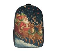 POLIUAWS Sac à dos scolaire imprimé en 3D « Vol nocturne du Père Noël » pour enfants, idéal pour l'école et les voyages. Style décontracté et tendance, 43 cm (17 pouces).