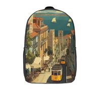 POLIUAWS Sac à dos scolaire pour enfant, motif paysage côtier avec tramways et voiles, imprimé en 3D, idéal pour les voyages et les sorties. Sac d'école garçon 17 pouces.