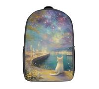 POLIUAWS Sac à dos Starry Night Harbor imprimé en 3D pour enfants, idéal pour l'école, Sac à dos tendance et mignon pour garçons, idéal pour les élèves du primaire et du collège (17 pouces).