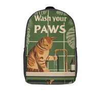 POLIUAWS Sacs à dos scolaires imprimés en 3D avec des pattes propres et un chat joyeux, style décontracté et tendance, pour garçons, élèves du primaire et du collège, 43 cm (17 pouces).