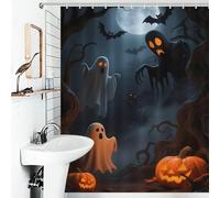 POLIUAWS Spooky Halloween Night with Ghosts and Pumpkins Rideaux De Salle De Bain en Tissu Imperméable Lavable pour Salle De Bain/dortoir 56.30x70.87Inch（143x180cm）