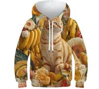 POLIUAWS Sweat à Capuche 3D « Festin félin » avec Un Chat Parmi des Bananes et des Fleurs, pour garçons et Filles Enfants (10-12 Ans). Modèle Amusant et Tendance, Manches Longues, Chaud.