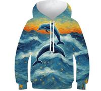 POLIUAWS Sweat à Capuche Enfant 3D Dauphins Nuit étoilée - Pull à Capuche pour Filles et garçons - Vêtements de Sport Tendance pour Jeunes - Manches Longues - 13-15 Ans