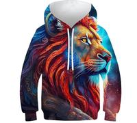 POLIUAWS Sweat à Capuche Enfant 3D - Gros Plan sur Un Lion Mystique - Pull à Capuche pour Filles et garçons - Vêtements de Sport Tendance pour Jeunes - Manches Longues - 11-13 Ans