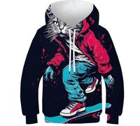 POLIUAWS Sweat à Capuche Enfant/ado imprimé 3D Chat Skate, Poche, Manches Longues, Motif Chat, 13-15 Ans.