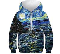 POLIUAWS Sweat à Capuche Enfant imprimé 3D avec Dauphins sous Un Ciel étoilé, Unisexe, Manches Longues, Style Cool et Amusant, 12-14 Ans