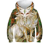 POLIUAWS Sweat à Capuche Enfant imprimé 3D Motif Renard Kitsune, Manches Longues, Manches Longues, pour garçons et Filles de 13 à 15 Ans.