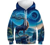 POLIUAWS Sweat à Capuche imprimé 3D avec Un cerf Mystique sous Un Ciel étoilé, pour Enfants (12-14 Ans). Pull décontracté à Manches Longues.