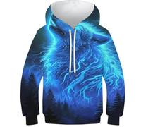 POLIUAWS Sweat à capuche imprimé 3D de chèvre animal pour enfants, sweatshirt décontracté, survêtement décontracté à manches longues, hauts, veste pull, Glow Wolf, 7-9 ans