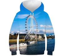 POLIUAWS Sweat à capuche imprimé 3D de chèvre animal pour enfants, sweatshirt décontracté, survêtement décontracté à manches longues, hauts, veste pull, Paysage urbain britannique, 8-10 ans