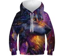 POLIUAWS Sweat à Capuche imprimé 3D Loup Mystique et Cristaux pour Enfants, Pull décontracté à Manches Longues, Veste, Tailles 12-14 Ans