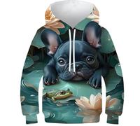 POLIUAWS Sweat à Capuche pour Enfants, Motif Bouledogue français 3D et nénuphars, Pull à Capuche pour Filles et garçons, vêtements de Sport Tendance, décontractés, Manches Longues, 8-10 Ans