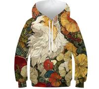POLIUAWS Sweat-Shirt à Capuche 3D Motif Chat et Fleurs en vitrail pour Enfants (garçons et Filles), Pull-Over d'hiver/Automne, Manches Longues, Poche, Taille 11-13 Ans.