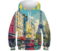 POLIUAWS Sweat-Shirt à Capuche imprimé numérique « Rues de Paris » pour garçon, avec Poche et Motif Chat pour Fille. Pull Unisexe coloré à Capuche pour Enfant (13-15 Ans).