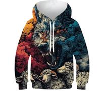 POLIUAWS Sweat-Shirt à Capuche imprimé numérique « Wolf's Fury Sheep in Peril » pour garçon et Fille, avec Poche et Motif Chat. Pull Unisexe coloré à Capuche pour Enfant (12-14 Ans).