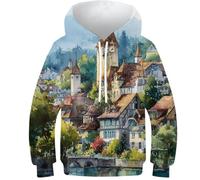 POLIUAWS Sweat-Shirt River Town Serenity pour garçon, imprimé numérique, à Capuche avec Poche, Sweat-Shirt pour Fille, Motif Chat, Unisexe, Enfant, coloré, avec Capuche, 13-15 Ans