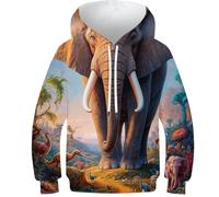 POLIUAWS Sweat-Shirts 3D pour garçons, Motif éléphant, à Capuche, Manches Longues, avec Poche, Taille 11-13 Ans.