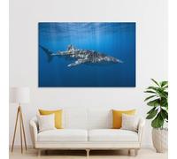 POLIUAWS Tableau abstrait représentant un requin-baleine dans un décor bleu, idéal pour le salon ou une salle de bain au style rustique. Toile 20 x 30 cm (8 x 12 pouces).