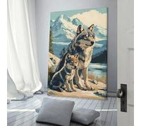POLIUAWS Tableau abstrait sur toile représentant un loup et son petit dans un paysage de montagne, idéal pour la chambre d'un adolescent (20 x 30 cm).