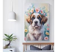 POLIUAWS Tableau aquarelle sur toile représentant un chiot Saint-Bernard avec une couronne de fleurs, idéal pour décorer une chambre de garçon ou de fille (20 x 30 cm).