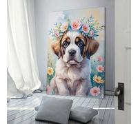 POLIUAWS Tableau aquarelle sur toile représentant un chiot Saint-Bernard avec une couronne de fleurs, idéal pour décorer les murs de votre salon ou votre chambre. 30 x 45 cm (12 x 18 pouces).