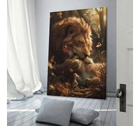 POLIUAWS Tableau effrayant sur toile représentant un lion et un cerf en pleine crue, idéal pour décorer un mur de votre salon ou chambre à coucher. 20 x 30 pouces (50 x 75 cm).