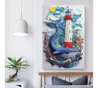 POLIUAWS Tableau en papier représentant une baleine et un phare, peinture sur toile, affiche et impression d'art mural, art fait main, décoration intérieure, 20 x 30 cm (8 x 12 pouces)