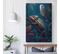 POLIUAWS Tableau humoristique sur toile représentant un caméléon et un hibou dans la forêt, idéal pour la salle de bain et la décoration moderne de la maison, 30 x 45 cm (12 x 18 pouces).