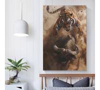 POLIUAWS Tableau représentant un tigre attaquant un buffle, pour la décoration murale de votre maison. Style moderne, gris, 30 x 45 cm (12 x 18 pouces).