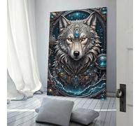 POLIUAWS Tableau sur toile « Loup chaman galactique » pour décoration murale (chambre, bureau, salle de bain), 30 x 45 cm (12 x 18 pouces).