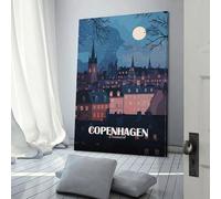 POLIUAWS Tableau sur toile représentant Copenhague, Danemark, la nuit, pour chambre ou salon d'enfant, cadeau d'anniversaire pour fille ou garçon, grand format 40 x 60 cm (16 x 24 pouces).