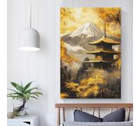 POLIUAWS Tableau sur toile représentant le mont Fuji doré et une pagode, idéal pour la chambre, la salle de bain, la cuisine ou le bureau. Dimensions : 50 x 75 cm (20 x 30 pouces).