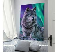 POLIUAWS Tableau sur toile représentant un loup sous une aurore boréale, idéal pour décorer une chambre, un bureau ou une salle de bain. Format 40 x 60 cm (16 x 24 pouces).