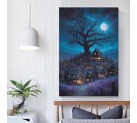 POLIUAWS Tableau sur toile « Village étrange au clair de lune », affiche décorative pour salon ou chambre, prêt à accrocher, 20 x 30 cm (8 x 12 pouces).