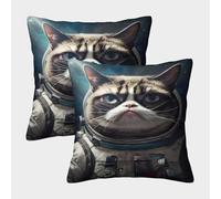 POLIUAWS Taie d'oreiller imprimée Grumpy Cat Astronaute - Lot de 2 taies d'oreiller pour Maman avec Fermeture Portefeuille 40x40cm